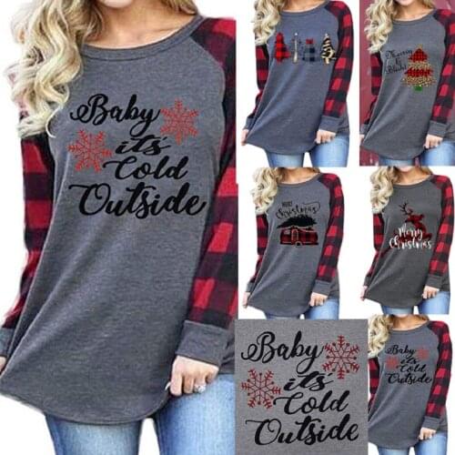 2020 Autumn And Winter New Womens Tops T-Shirt Round Neck Plaid Long Sleeve Christmas Theme Christmas Tree Deer Print Hot Sales