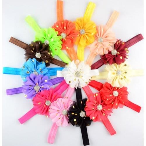 60 pcs/lot , Ballerina Chiffon Flower with Gold Polka Dots on Elastic Headband, Great Photo Prop headband