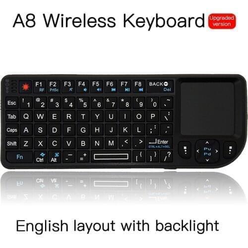 English layout A8 Multifunctional Fly Mouse 2.4 GHz Mini Wireless Keyboard USB Receiver ABS White Backlight With Touchpad