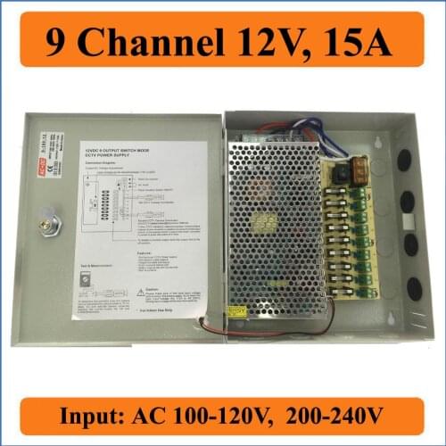 9 Port DC12V 15A CCTV Camera Power Box Switching Power Suply BOX for Security IP Camera 9CH channel AC100-240V to DC 12V Outputs