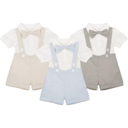 Cute 3pcs Set Boys Baby Clothes Suspender Boxer Pants Romper Outfits Gentlemen Wedding Formal Suit Birthday Cake Smash Outfit