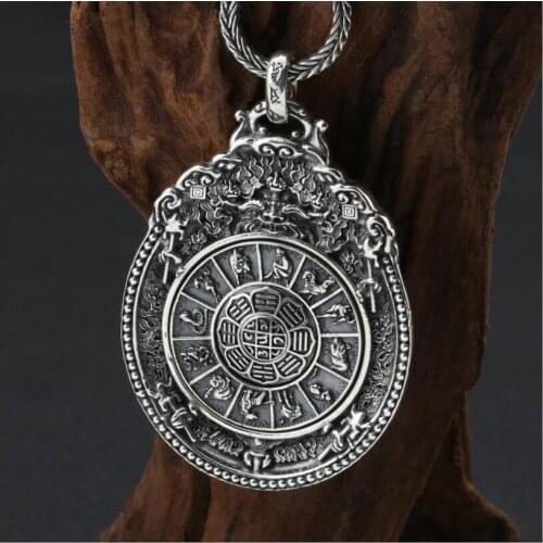 Large 925 Silver Nine Direction Eight Symbols Amulet Sterling Tibetan Direction-Symbol Pendant Necklace Buddhist Vajra Pendant