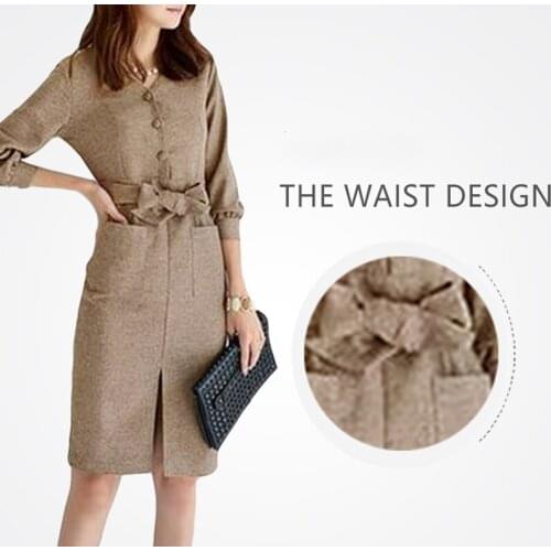 Euro Style Fashion Women 2019 Autumn Dresses V Neck Single-breasted Three Quarter Sleeve Pockets Bow Bandage Design Dress Z2299