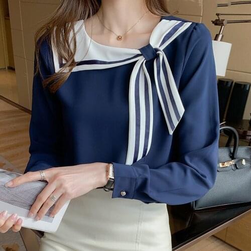 Chiffon womens fall 2021 new naval academy style sweet top loose large long sleeved shirt