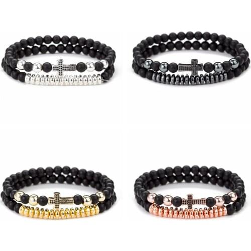 QIMISHI 2Pcs Cross Beaded Bracelets Set for Women Men 6MM Stone Stretch Bracelet Black Beads Jewelry Friendship Bangle