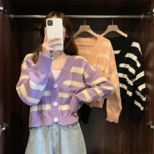 Autumn new style striped cardigan knit sweater women