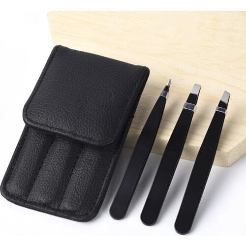 3pcs/set Stainless Steel Black Eyebrow Tweezer Point Tip/Slant Tip/Flat Tip Hair Removal Makeup Tools with Bag Case Beauty Tools