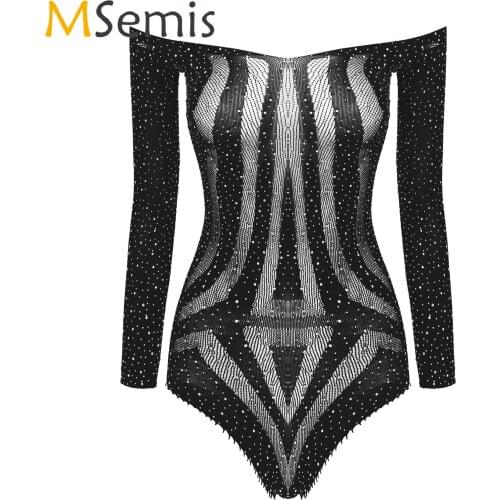 Lingerie See-through Mesh Bodysuit Womens Shiny Rhinestone One-piece Hot Sexy Erotic Costume Off Shoulder Long Sleeve Leotard