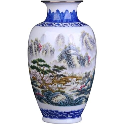 Blue and White Ceramic Vase With Golden Rim Design Porcelain Landscape Pattern Vase Handmade Jingdezhen Flower Vases
