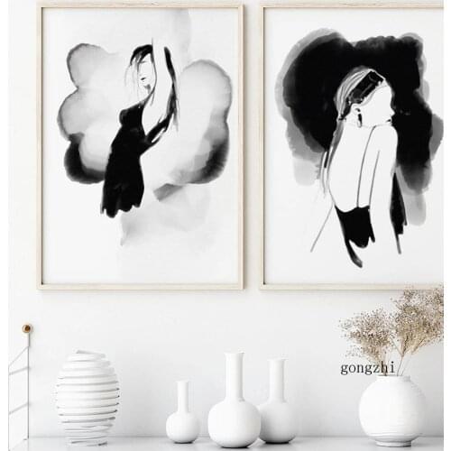 Nordic Fashion Girl Abstract Watercolour Canvas Print Painting Poster Black White Wall Art Pictures for Living Room Home Decor