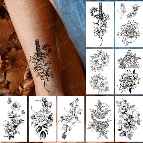 Waterproof Flash Tattoo Stickers Temporary Ladies Tatto Black Dagger Rose Flower Ankle Arm Line Fake Tatoo Men Children Tattoos