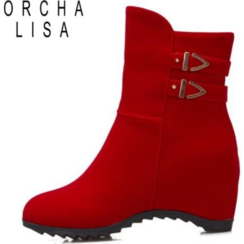 ORCHALISA Women Boots Wedges Round toe Buckle Flock Ankle boots for women Zipper Solid Female mujer Casual Sweet Increased S2400