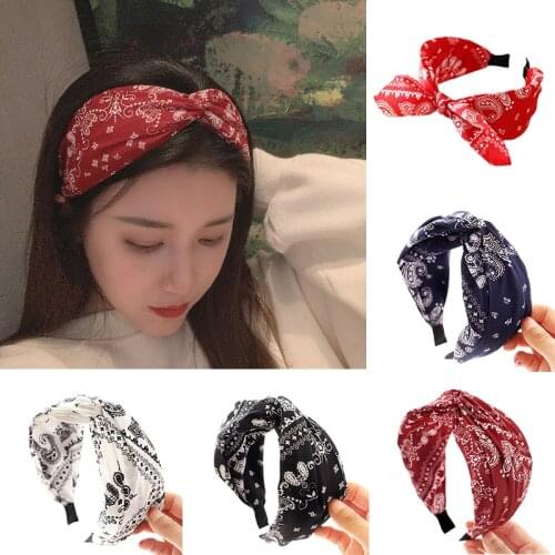 Lady National Style Print Hairband Top Cross Knot Bow Turban Elastic Hair Hoop Headband For Women Girls Hair Accessory Headdress