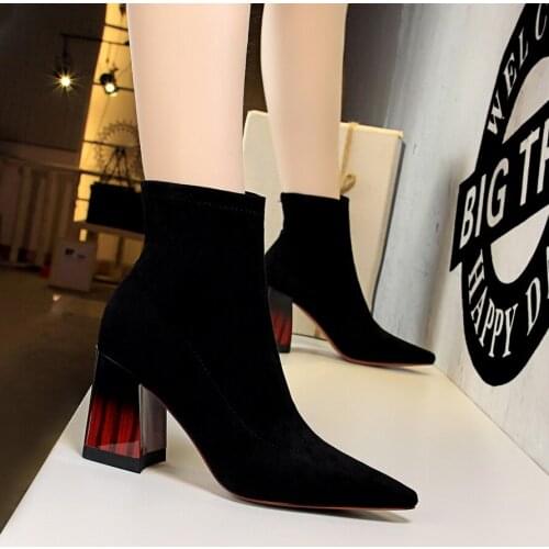 BIGTREE 2019 New Fashion Ankle Elastic Sock Boots Chunky High Heels Winter Warm Women Sexy Party Booties Pointed Toe Shoes Woman