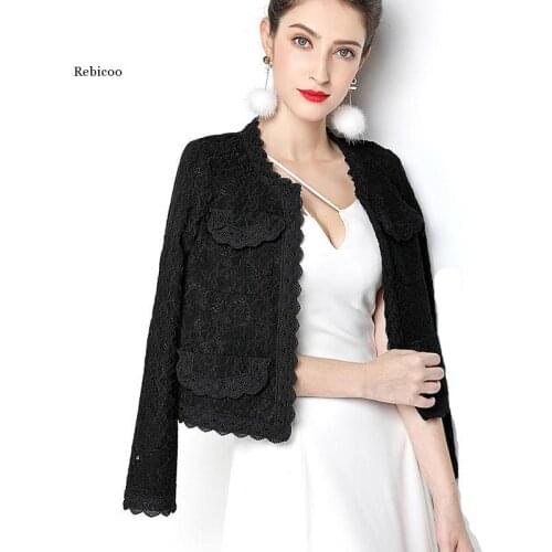 Women Elegant Blazer Long Sleeve Hollow Out Female Jacket Lace Patchwork Office Ladies Outwear Black White Plus Size