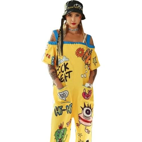 Women Spring Summer Slash Neck Tank Playsuits Female Cartoon Letter Print Yellow Jumpsuits Loose Plus Size Fashion Rompers Z211