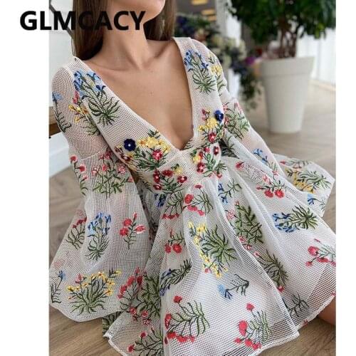 Women Lantern Sleeve Grid Floral Embroidered Dress Sweet V Neck Boho Holiday Dresses