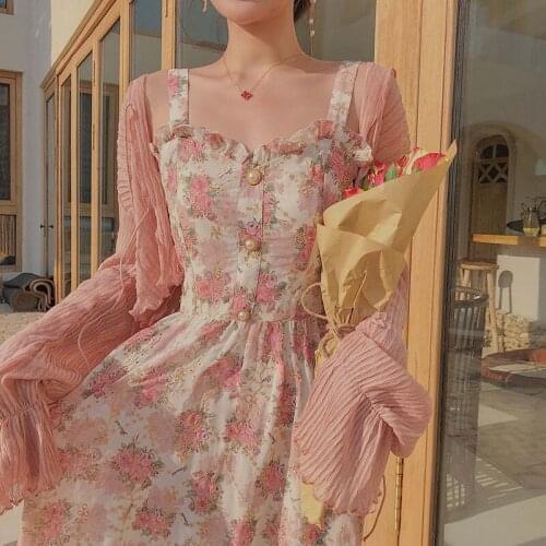 Vintage Floral French Dress For Women Summer Sexy V-neck A-line Spaghetti Strap Dresses Elegant Midi Dress Suspender Vestidos