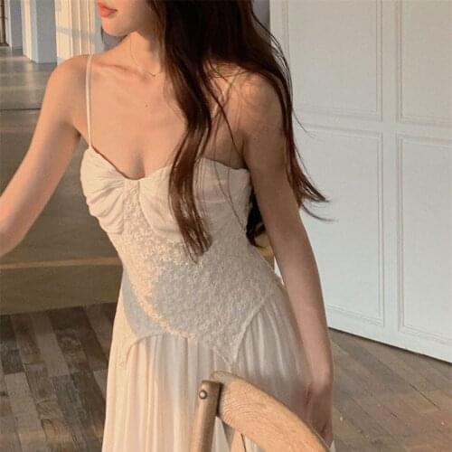 Elegant Camisole Dress Vintage Women Sexy High Waist Folds Fairy Strap White Dress Evening Party Summer One Piece Dress Korean