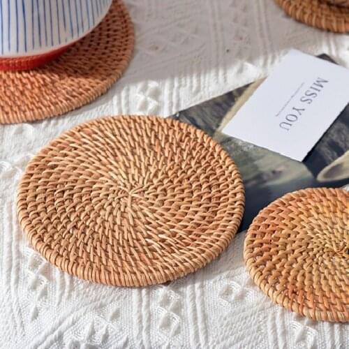 Tea Cup Mat Hand Woven Heat Resistant Hot Insulation Pads Cup Mat Circular Rattan Custom Table Mat Tabletop Coffee Table