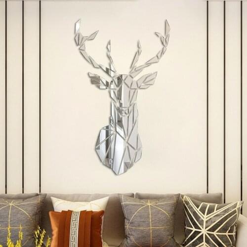 1 Set Deer Head 3D Mirror Wall Sticker Acrylic Mirror Sticker Mural Removable Living Room art wall TV Background Wallpaper Decor