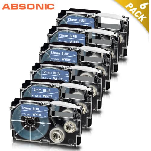 Absonic 6PK White on Blue 12mm Label Tape for Casio XR-12ABU XR12ABU Printer Ribbon Label Cartridge for Casio KL-60 Label Maker