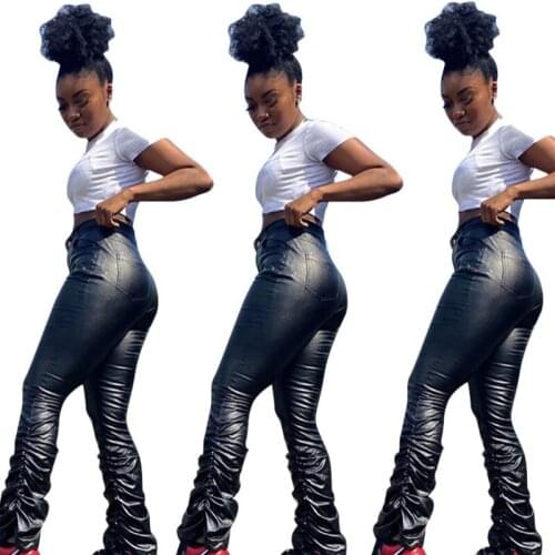 PU Leather Black Stacked Leggings for Women Female Winter Warm Stacked Sweatpants Flare Pleated Ruched Pants Trousers Jogger
