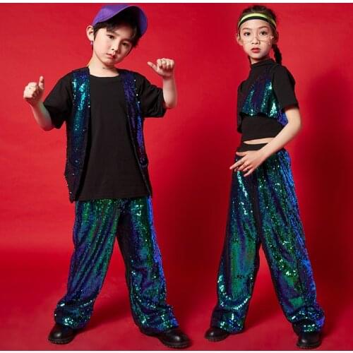 Kids Cool Hip Hop Clothing Green Sequin Sleeveless Jacket Tank Tops T Shirt Streetwear For Girl Boy Singers Jazz Dance Costume