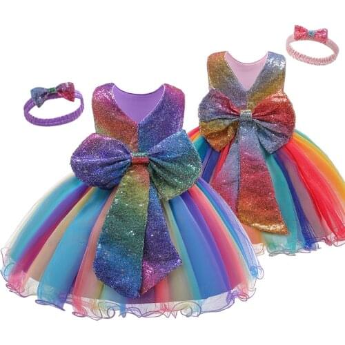 Girl Princess Dress Bowknot Sequined Party Tutu Gown Kids Dresses For Girls Baby Casual Wear Rainbow Frocks Children Clothing