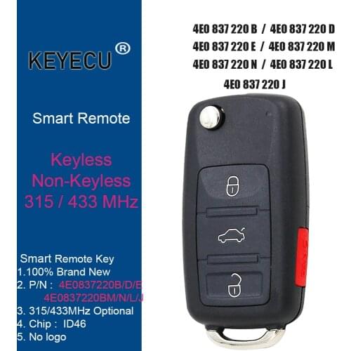 KEYECU 4E0837220B/J/L/D/M/E/N Smart Remote Key Fob ID46 Chip 315MHz / 433MHz for Audi A8 S8 2003 2004 2005 2006 2007 2008 2009