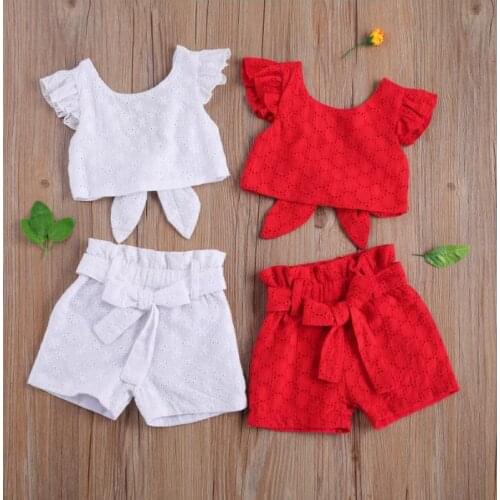 Summer Children Clothing Set Jacquard Flying Sleeve Backless Hollowout Lace T-shirt Shorts Suit Girls Clothing Set