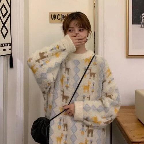 Cute Mohair Thicken O-Neck ELK Sweater Autumn Winter Sweet Fashion Long Sleeve Casual Outwear Christmas Pullover Full Femme