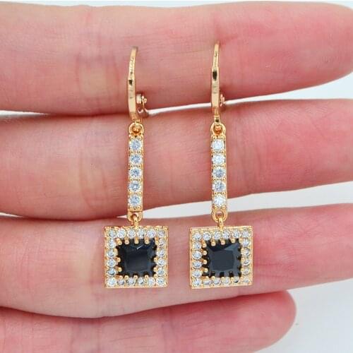 Gold Color Black Cubic Zirconia Fashion Square Dangle Earrings for Women