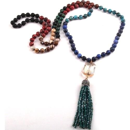 MOODPC Fashion Jewelry 108 Beads Multi Stone Knotted Crystal Link Glass Tassel Pendant Necklace Wome Yoga Necklace