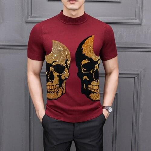 Cashmere 100% Black and White M-5XL Design Big Skull Mens Fashion T-Shirt Street Sweater Hot Rhinestone Knit Short Sleeve