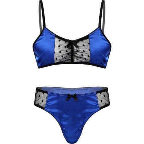 Mens Satin Sexy Sissy Lingerie Suit Sheer See Through Mesh Patchwork Adjustable Spaghetti Strap Hot Bra Tops with Thongs Briefs