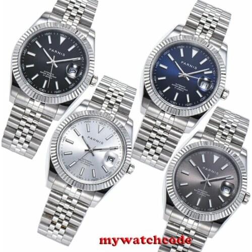 New arrive 39.5mm Parnis black silver Blue Dial Automatic Mens Watch Miyota 8215 Movement wristwatch date window