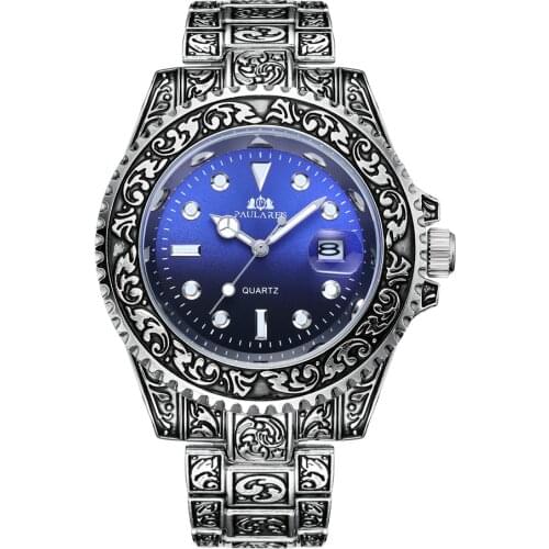 Carved Antique Vintage Luminous Rose Gold Yellow Gold Silver 2 Tones Red Green Blue Gradient Fashion Classic Quartz Men Watch