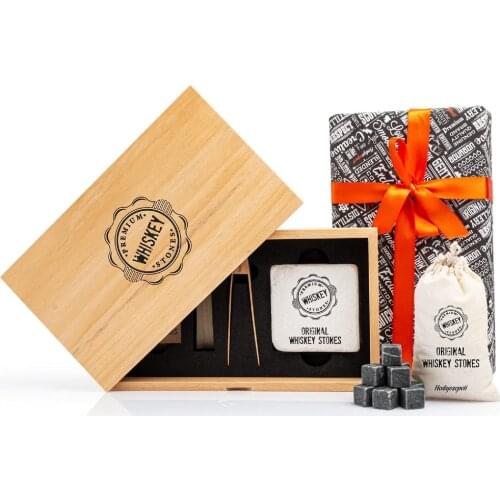 Wood Boxed Whiskey Stone Set 12 Pcs Natural Stone Reusable Ice Bamboo Tongs Cooling Sac Underlay
