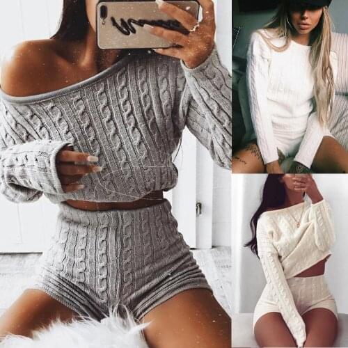 New Women Lounge Wear Solid Crop Top Shirts Shorts Pants Ladies 2pcs Tracksuit Set Cable Knit Crop Top Lounge Wear Suit