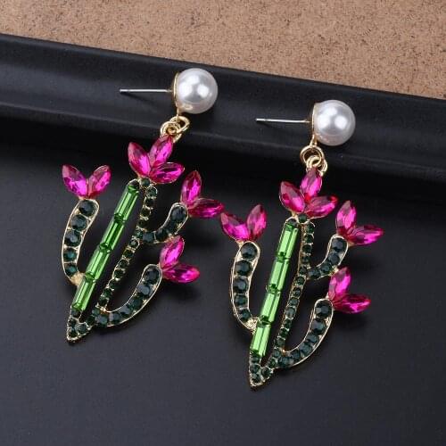 New Korean Cute Green Cactus Shaped Earrings Handmade Plant Drop Earrings Crystal Beaded Bridal Jewelry Wholesale