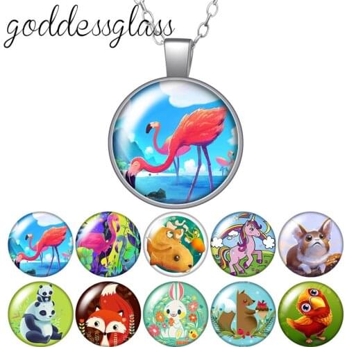 Cartoon Animals Unicorn Rabbit Fox Panda Round Glass glass cabochon silver plated/Crystal pendant necklace jewelry for Gift