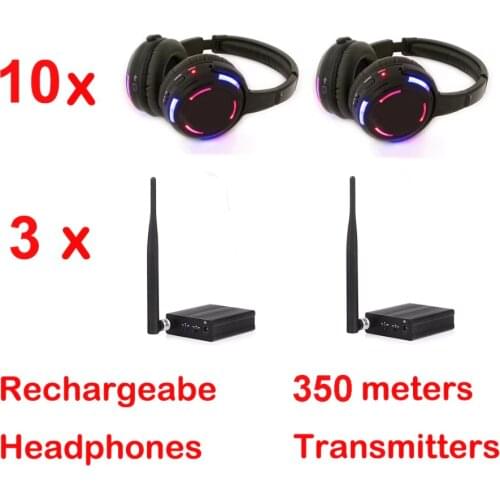 Professional 500m distance Silent Disco 10 LED Headphones with 3 transmitters- RF Wireless For DJ club party meeting broadcast