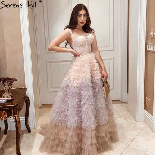 Serene Hill Pink Ruffles Sexy Evening Dresses Gowns 2021 A-Line Tiered High-end For Women Party LA71221