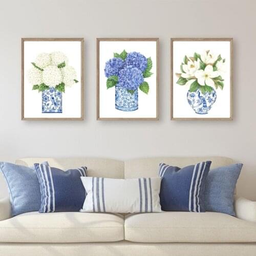 Blue White Willow Style Ginger Jar Watercolor Chinoiserie Decor Canvas Painting Orchid Oriental Vase Porcelain Flower Jar Prints