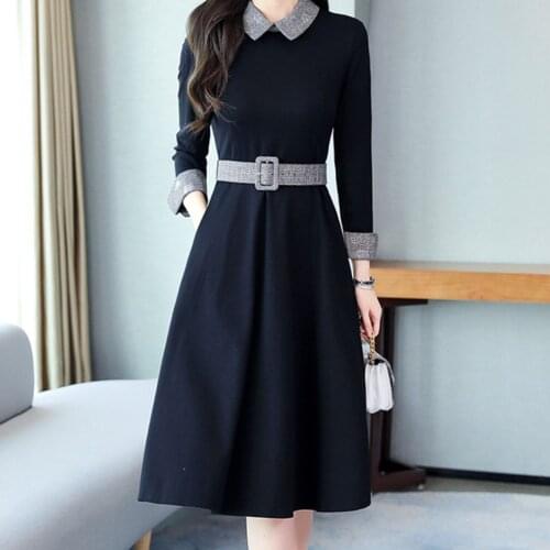 High Quality Plus Size Elegant Lapel Collar Long Sleeve Cocktail Dress Shiny Cocktail Party Dresses Office Workwear Vestido