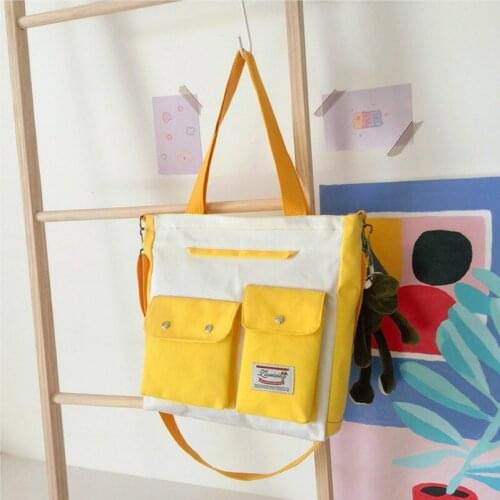 Womens Double Pocket Canvas Bag Fashion Trend Single Shoulder Bag with Lid Zipper Messenger Bag Tote Bag Student Tuition Bag