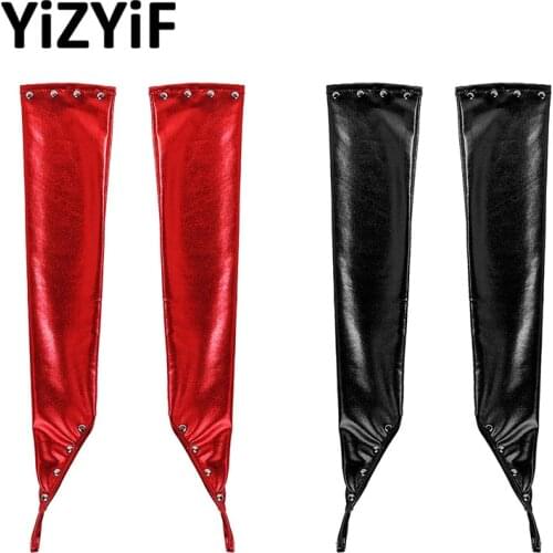 Women Shiny Metallic Gloves Wetlook Patent Leather Fingerless Long Gloves with Rivets Night Club Dancewear sexy Long Arm Gloves
