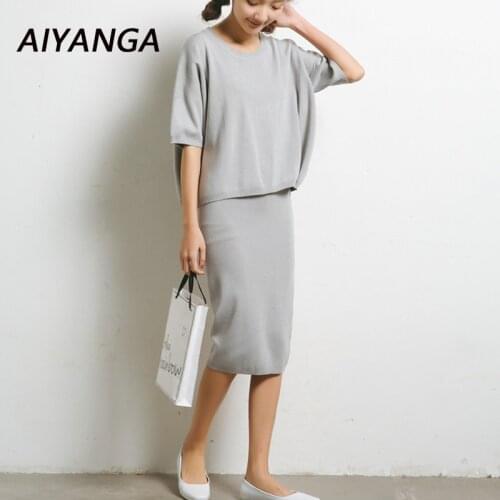New 2 Pieces Women Sets 2019 Spring Summer Short Sleeve Medium Long Package hip Skirts Casual Ladies Loose Tops Gray Red Female