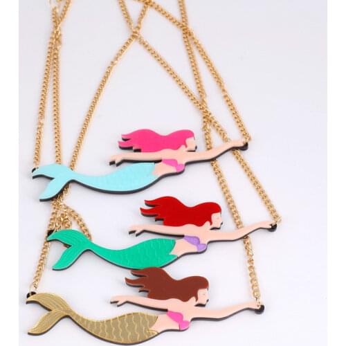 New Sweet Acrylic Princess Mermaid Pearl Necklace Red Hair Beautiful Tassel Long Necklace Women Jewelry Pendientes Mujer